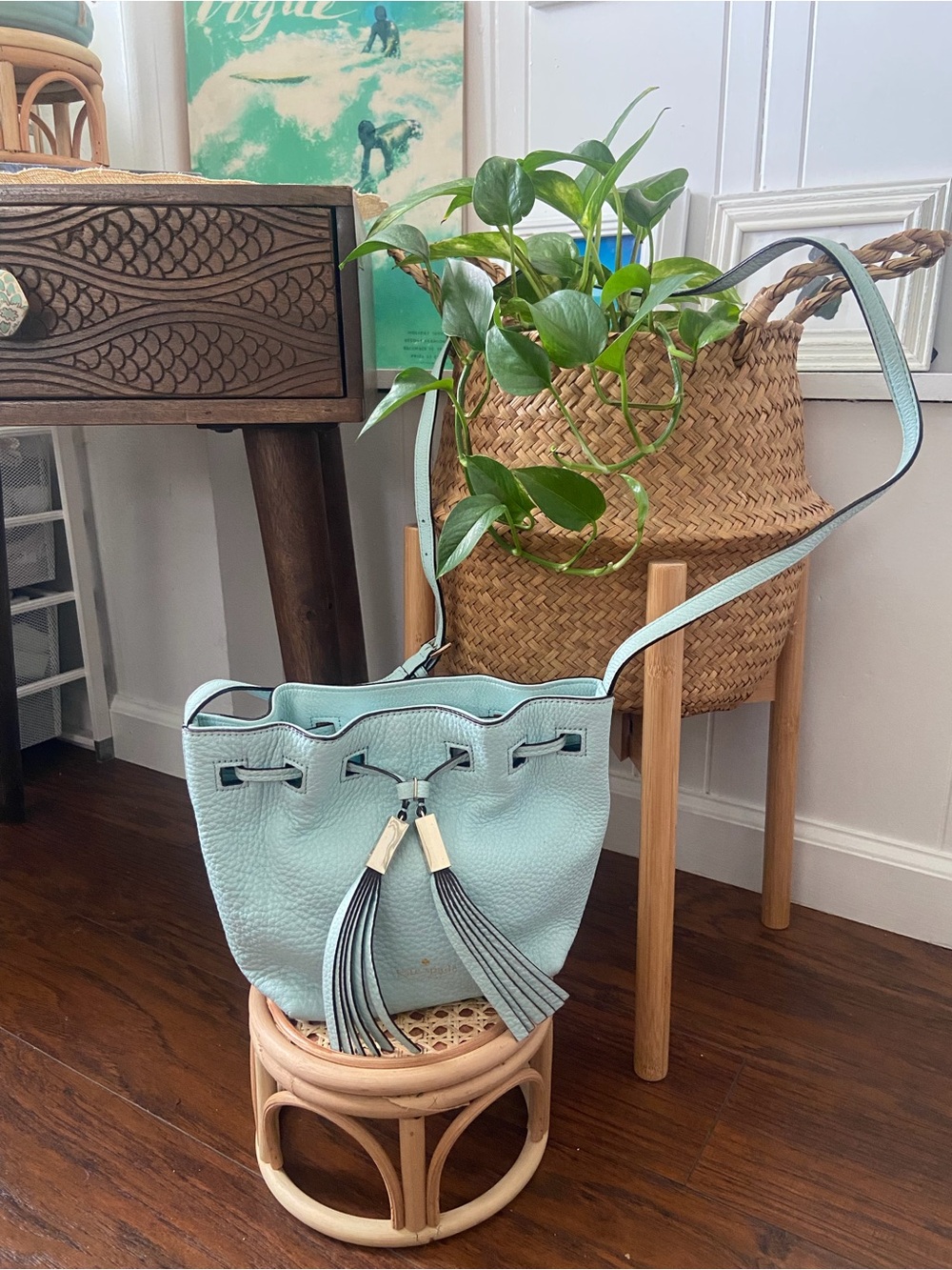 kate spade Light Blue Leather Tassel Drawstring Crossbody Bag
